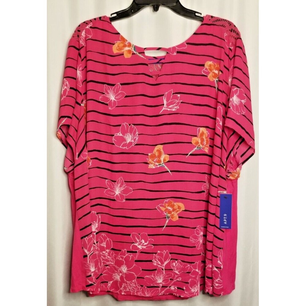 Women's Top Blouse Floral Stripe Crochet Back Insert New Tags Plus Size 4X
